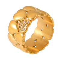 Bague Cœur Double Couche Empilée Vintage Style Moyen Âge avec Diamant, Plaqué Or Véritable 18K, Acier Inoxydable pour Femme