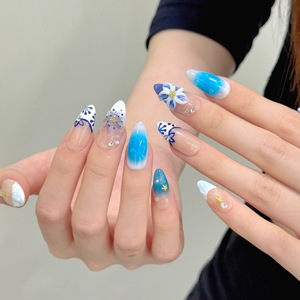 <span class=keywords><strong>Uñas</strong></span> Postizas Estilo Océano Hawaiano con Flores 3D, Forma Almendrada, Hechas a Mano, <span class=keywords><strong>Uñas</strong></span> Falsas con Efecto Degradado - Product Image 5