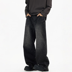 <span class=keywords><strong>Jeans</strong></span> Larghi da Uomo in Cotone Lavato con Strass Neri e <span class=keywords><strong>Grigi</strong></span>, Stile Americano Trendy High Street, Nuovi e Comodi - Product Image 5