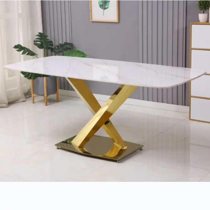 Mesas de comedor con patas cromadas doradas y superior de mármol y cerámica, muebles modernos para el hogar y restaurante, diseño Simple, venta al por mayor