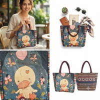 Sac fourre-tout en toile jacquard double face style ethnique vintage, motif petit canard, broderie fil doré, réversible, style bohème, tissé décontracté, petit format