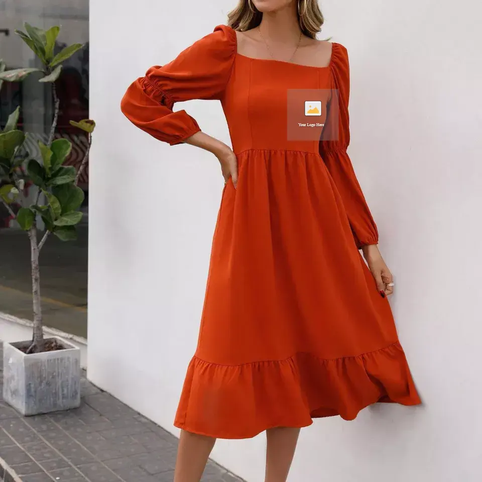 XY Custom Hot 2023 Competitive Price Spring Women Long Sleeve Flounces Slim Solid Color Commuter Casual Dress