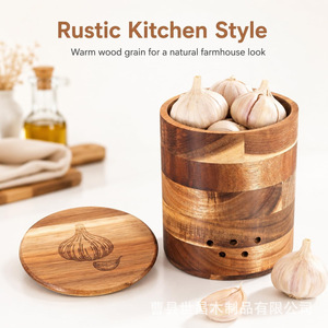 Wooden Garlic Storage <b>Container</b> Cylinder With Ventilation Holes Breathable Moisture Proof Kitchen Desktop Storage Box - Product Image 4