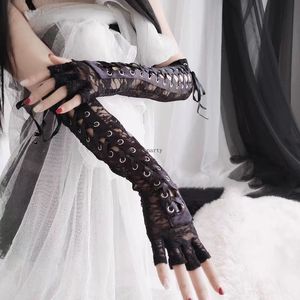 Gants mi-doigts sexy en dentelle florale pour femmes, longueur coude, avec liens en ruban noir, pour soirée dansante, mitaines en résille sans doigts - Product Image 1