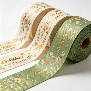 Vietnam Factory-Pink Polyester/Cotton Grosgrain <b>Ribbon</b> 1-1/2 Inch Gold Foil Printed Geometric Pattern Single Face Shrink-Resist - Product Image 3