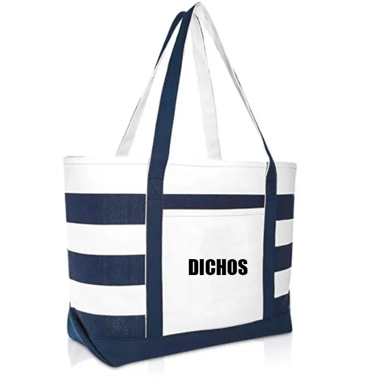 DICHOS Premium Unisex Blue Striped Navy Style Canvas Tote Bag with Open Closure 16 Ann Beach Tote Zipper Bag