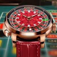 Montre mécanique automatique PINDU 6628 pour homme, cadran rotatif style roulette de casino, entièrement sertie de zircons, étanche, bracelet en cuir, Reloj Hombre