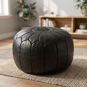 Black Round <b>Leather</b> Pouf <b>Cover</b> Geometric Embroidery Bohemian Style Handmade Stitched Drawstring Closure Customizable Home Decor - Product Image 1