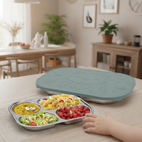 Assiette à dîner pour enfants en silicone et acier inoxydable à 3 compartiments avec couvercle en silicone pour enfants, vente en gros