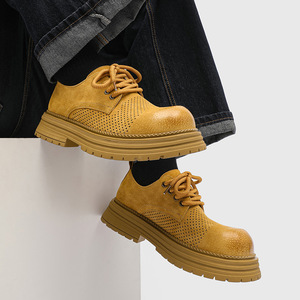 Chaussures décontractées pour hommes en cuir véritable, semelle épaisse, design ajouré respirant, à lacets, pour la marche - Product Image 2