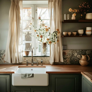 Armoires de cuisine vert sauge de style cottage personnalisées du Vermont avec tiroirs multi-niveaux et étagères ouvertes pour café de campagne - Product Image 6