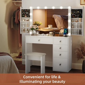 モダンなバニティセット照明付きミラーウッドパネル隠しスペースコンセント寝室用 - Product Image 3