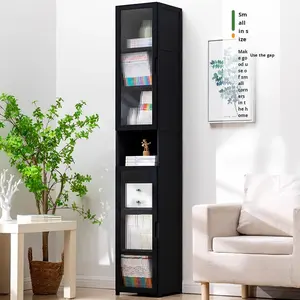 Estantería de madera moderna, estantería de almacenamiento, puertas de gabinete, vitrina de rejilla integrada, estantería individual de pie - Product Image 4