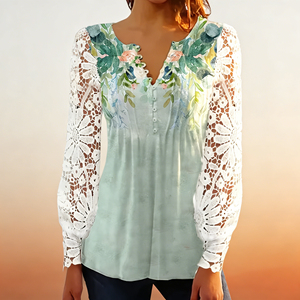 Blusa de Encaje con Estampado Floral Verde Menta para Mujer - Elegante Blusa Casual con Cuello en V y Botones Delanteros para Uso Diario y Fiestas - Product Image 5