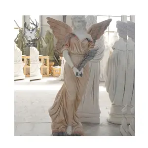 Customized Hand Carved Winged Angel Religious Statues White Large Marble Status For Outdoor Garden