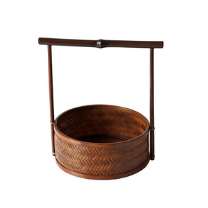 Plateau à thé en bambou fait à la main, panier de rangement rond tissé pour ustensiles de cérémonie du thé et collations, poignée violette - Product Image 5