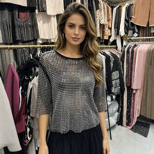 LM <span class=keywords><strong>R907</strong></span> Haut court en résille à strass pour femme, col rond, transparent, brillant, chemisier en maille ajourée, idéal pour club ou plage - Product Image 1