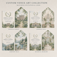 Invitation de mariage illustrée sur mesure en aquarelle, carte de mariage avec croquis du lieu et doublure d'enveloppe imprimée assortie