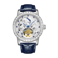 Jam Tangan Pria Mewah Model Flywheel Kristal Emas Tali Kulit Otomatis Mekanik Bercahaya Sport Stainless 20mm