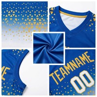 Ensemble short et maillot de basket-ball géométrique bleu et or personnalisé, OEM, sublimation, nom et numéro d'équipe personnalisés, fabricant