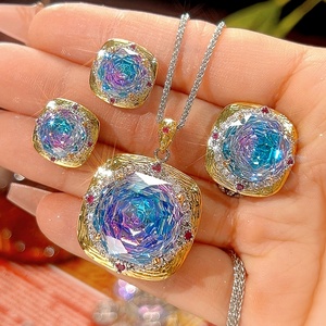 Vintage Eco-friendly Copper Blue Gradients Cubic Zirconia Necklace Set for Women High Quality 18-14mm Round Gem Jewelry Set - Product Image 3