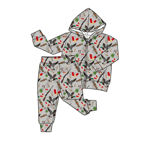 BLP1437 Ensemble de vêtements personnalisé pour bébé garçon, imprimé feuilles d'arbre marron, tenue pour enfants, vente en gros, ensemble sweat à capuche à manches longues - Product Image 3