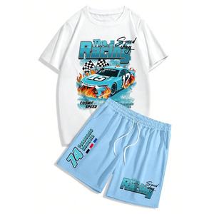 Conjunto de Camiseta y Pantalones Cortos con Estampado Gráfico Personalizado, Estilo Urbano, Corte Holgado, Estilo Hip Hop, Camiseta Deportiva con Estampado de Letras - Product Image 2