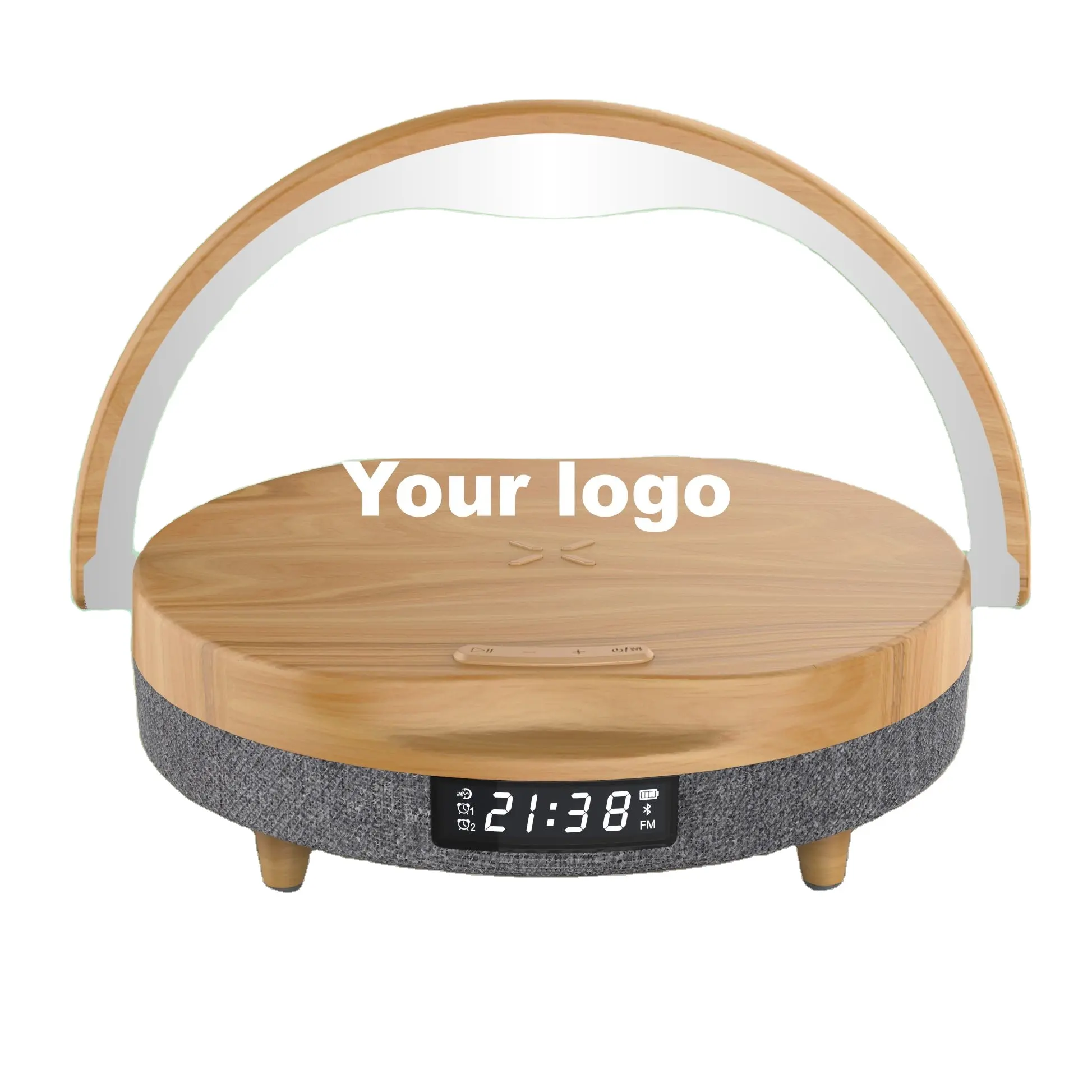 OEM Logo Pemium Promoción Orden de regalo Lámpara inteligente con Qi Cargador inalámbrico rápido Altavoz Bluetooth y pantalla LED Reloj digital