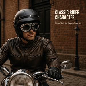 Casque de <span class=keywords><strong>moto</strong></span> rétro noir à face ouverte avec lunettes foncées, visière incurvée et côtés rembourrés pour la conduite - Product Image 2