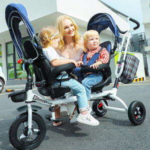 Tricycle double Hafron pour enfants de 1 à 5 ans, avec pédales, châssis en acier, poussoir manuel et capote. - Product Image 2
