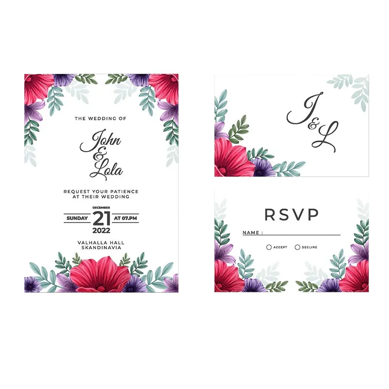 Cartão de convite de casamento, cartão de convite de casamento em relevo boêmio floral azul marinho coreano/