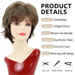 Perruque <span class=keywords><strong>courte</strong></span> brune TISHINING pour femmes blanches, coupe pixie avec frange, mèches blondes, aspect naturel et lisse - Product Image 3