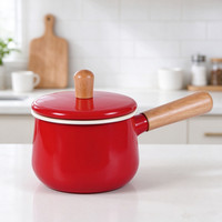Casserole en émail métallique de 14 cm, 1,8 L, pour cuisine domestique, compatible induction, rouge, avec logo personnalisé, poignée en bois, style japonais