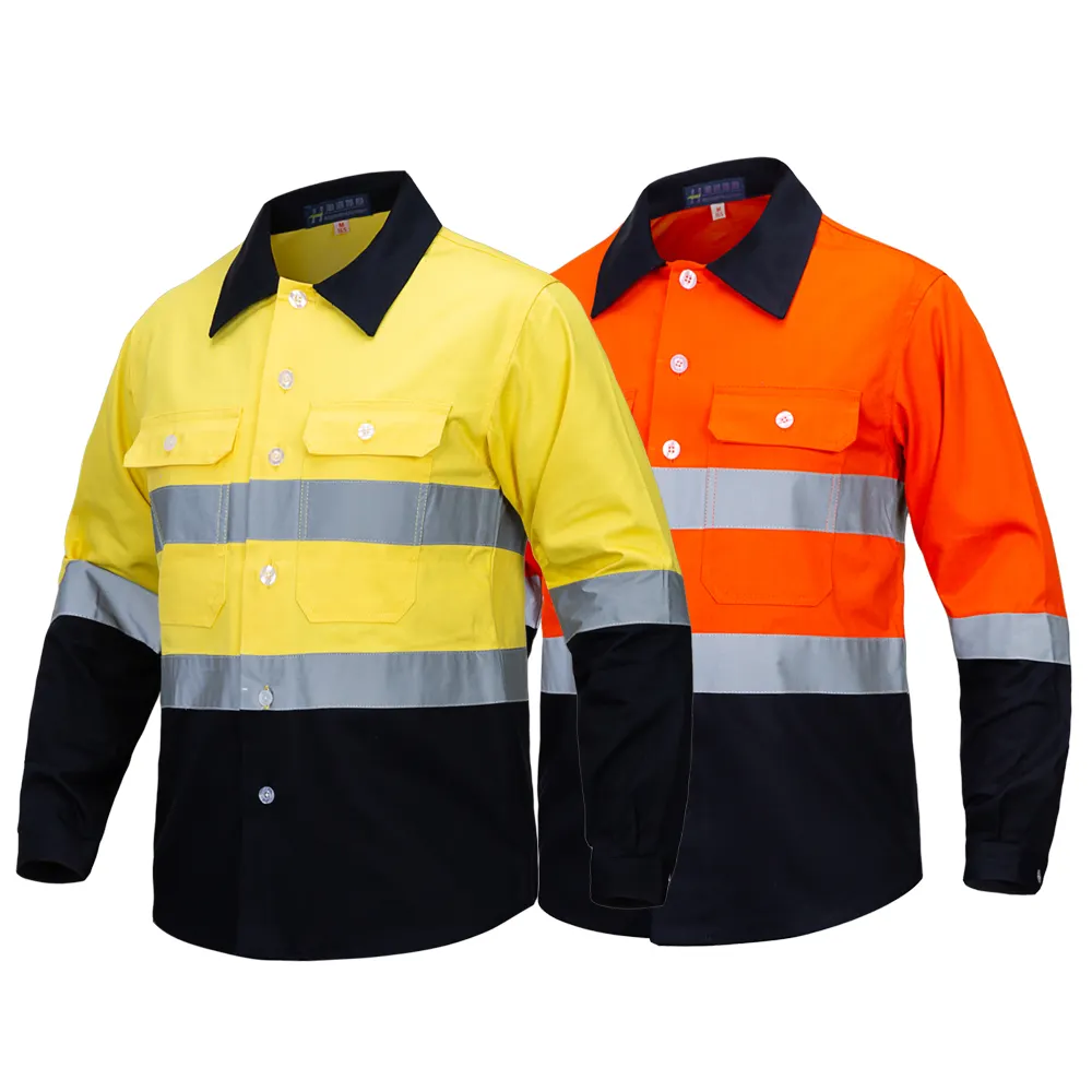 Ropa de trabajo de alta visibilidad 100% algodón, camisas de trabajo personalizadas, ropa de trabajo de construcción para hombres, tiras reflectantes