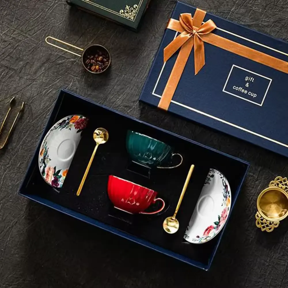 Matt British tea cup mug coffee mug gift box set personalized ceramic mug with handle lid spoon Saucer packaging box