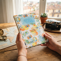 Carnet de voyage personnalisé en lin/papier/cuir avec album photo et scrapbook format A5 – Journal personnalisé sur mesure