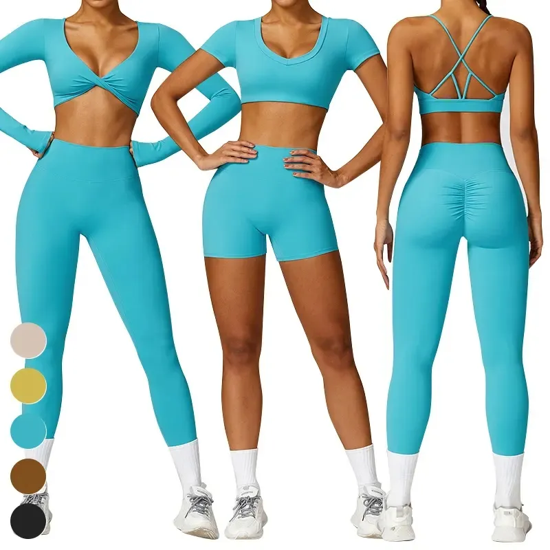 Roupa de exercício apertada sutiã esportivo manga longa leggings top 5 peças terno de secagem rápida correndo conjuntos de treino feminino ginásio fitness conjunto de yoga
