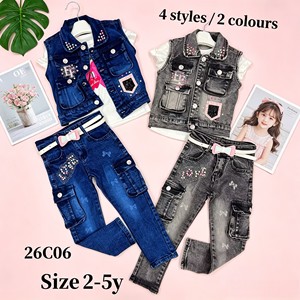 Set <span class=keywords><strong>di</strong></span> 3 Pezzi in Denim per Bambine YQ356 da 11,5 Dollari: Gilet Senza Maniche, T-Shirt a Maniche Corte, Jeans Skinny con Strass - Product Image 6