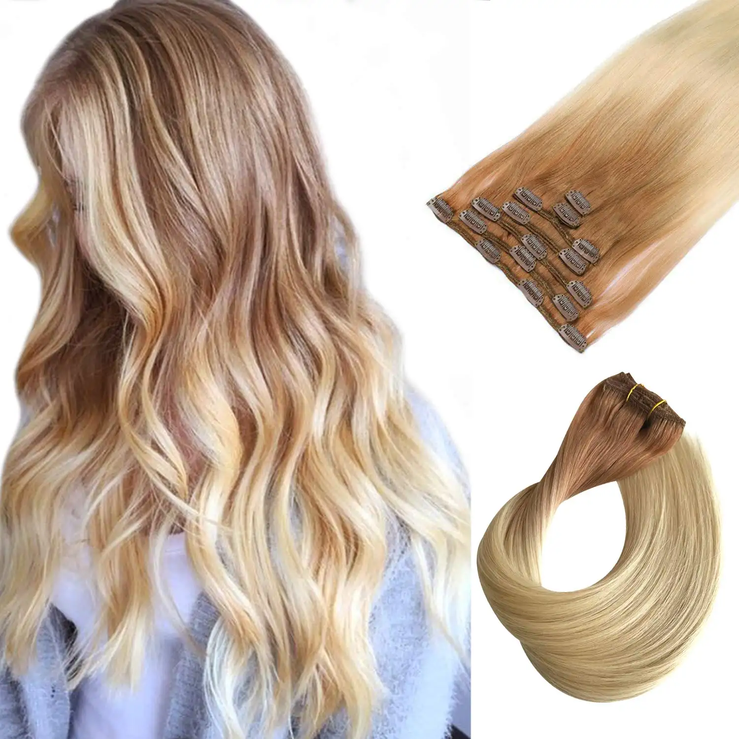 Saç ekleme İnsan saç Ombre altın kahverengi solma platin sarışın Remy insan saçı postiş saç ekleme kadınlar için