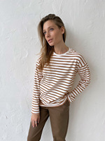 T-shirt pour femme en coton 100% à manches longues, col rond, tricoté, doux, de haute qualité, rayé, décontracté, à épaules tombantes