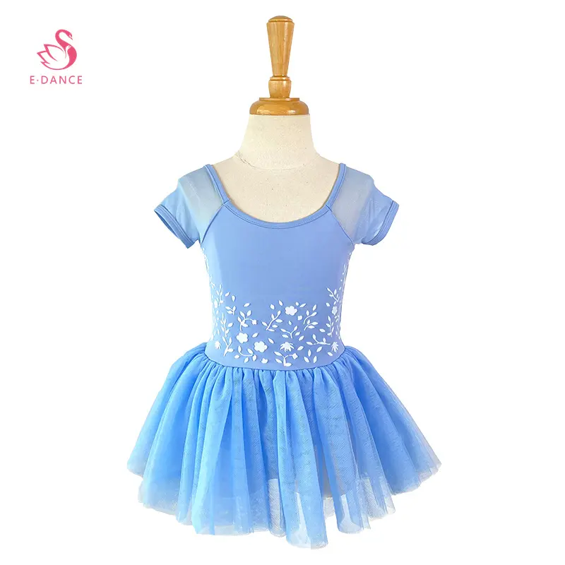 ALB010 Vestido tutú floral Flocado de manga corta para niñas Ropa de baile de entrenamiento de ballet