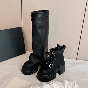 Botas Altas de Plataforma de Cuero Genuino, Estilo Retro Casual, Cómodas, con Tacón Grueso, Color Sólido, Desmontables, de Caña Larga y Corta - Product Image 4