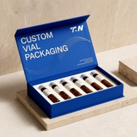 Boîte rigide en carton magnétique bleu moyen personnalisée pour 6 flacons de peptides, avec doublure en éponge, impression offset, pour usage en soins personnels