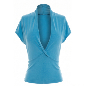 Viviblook Q26TP077 Nouveau T-shirt court décontracté pour femme, coupe ajustée, col en V profond, couleur unie, manches courtes, idéal pour l'été - Product Image 4