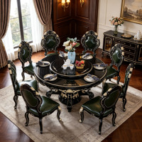 Luxuriöses Europäisches Rundes Massivholz-Esszimmer-Set mit Schwarzer Marmorplatte und Drehbarem Serviertablett, Grüne PU-Lederstühle für Villen, Großhandel
