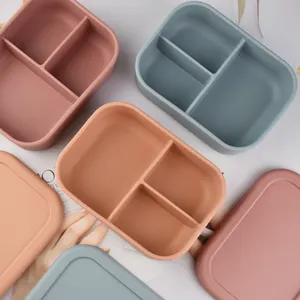 Lancheira Bento de silicone quadrada personalizada de grande capacidade Bisfenol de qualidade alimentar portátil com três compartimentos para armazenamento de alimentos