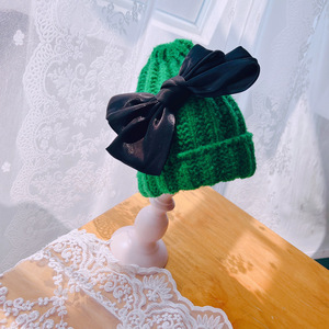 Chapeaux en tricot torsadé chaud double couche pour enfants filles bébé en satin nœud papillon tricoté hiver bonnet chaud avec nœud papillon - Product Image 4