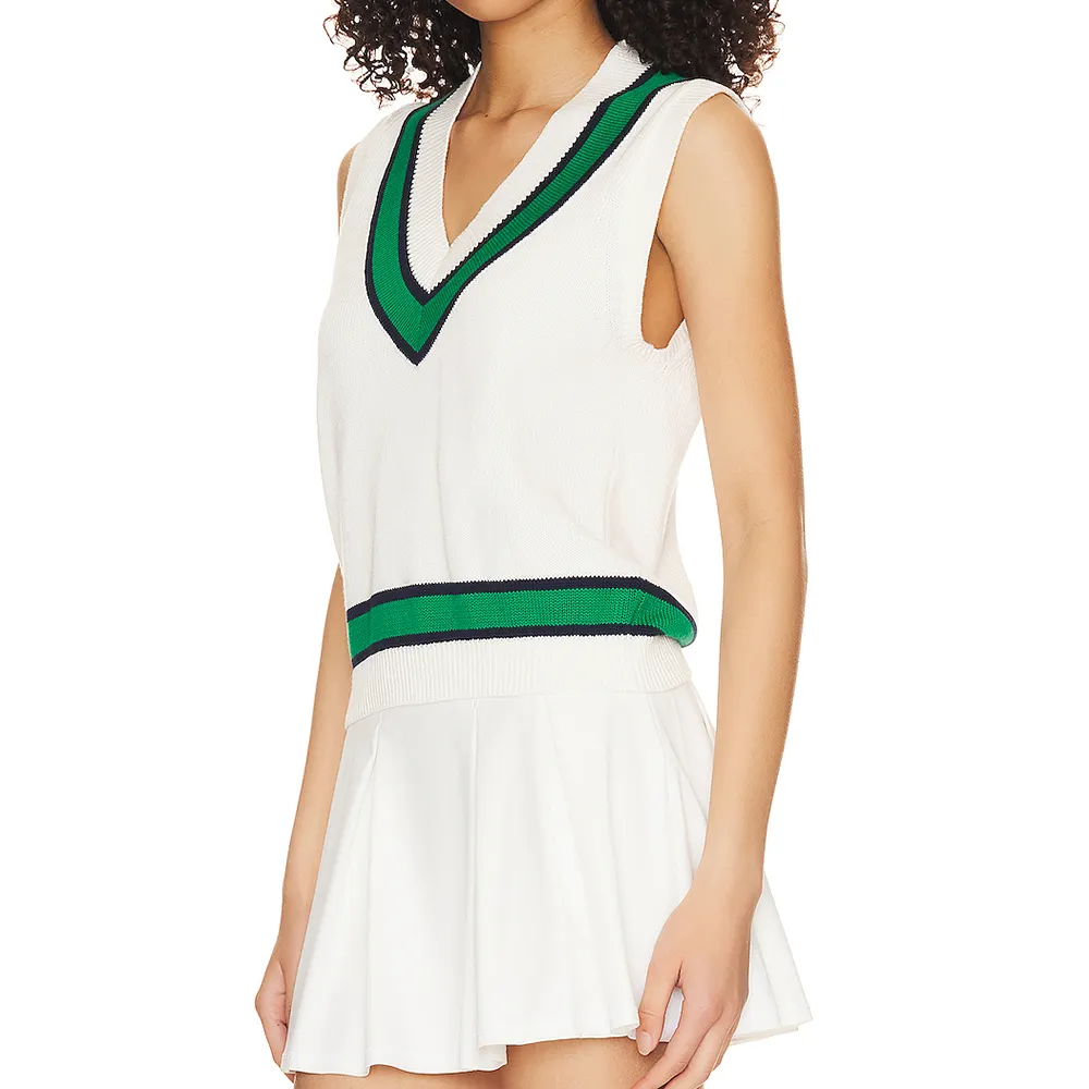 Gaun tenis wanita tanpa lengan leher V, warna kontras atasan tenis atletik lipit cepat kering