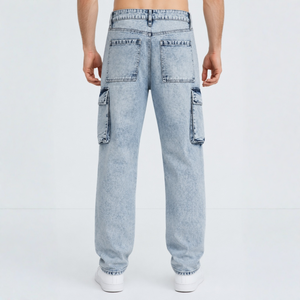 Jean droit taille mi-haute style punk vintage cool avec plusieurs poches cargo et décorations déchirées pour un look streetwear décontracté - Product Image 2