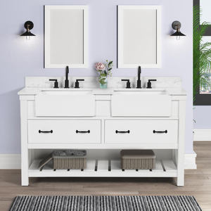 Meuble-lavabo double vasque blanc style ferme américaine en bois et marbre - Product Image 1